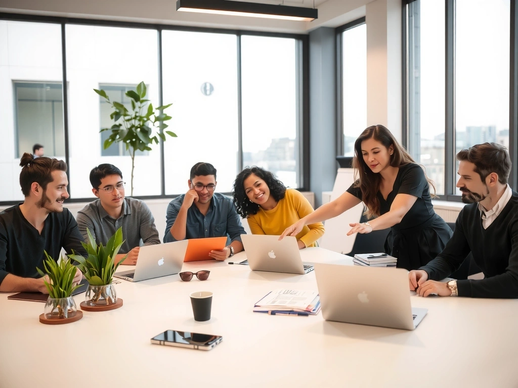 MarketDash team collaborating on a project, showing diverse professionals working together in a modern office environment.