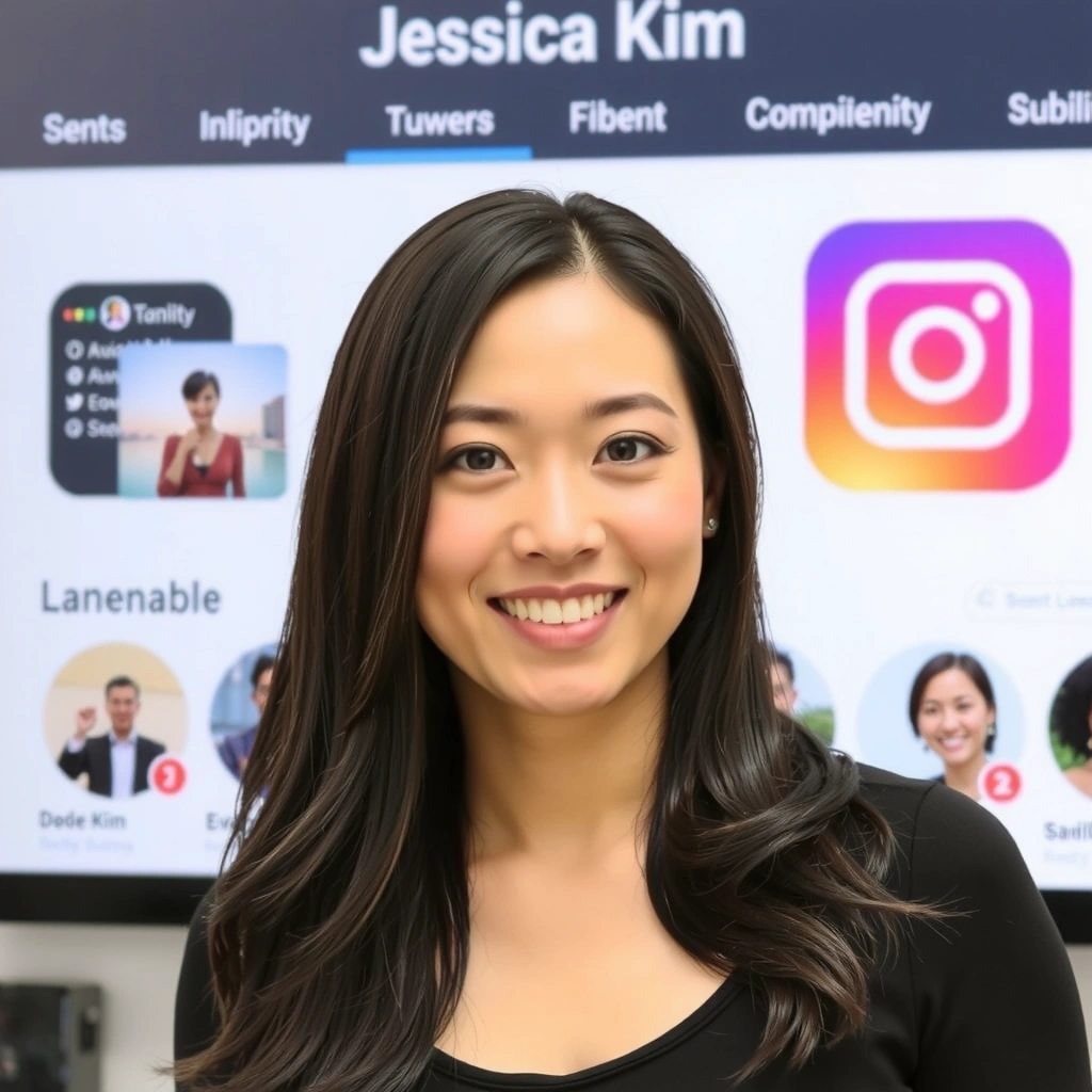 Portrait of Jessica Kim, Social Media Strategist at MarketDash, looking energetic.