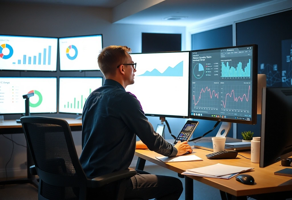 Data analyst working with complex analytics dashboard