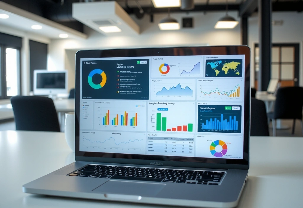Laptop showing digital marketing strategy with graphs and analytics