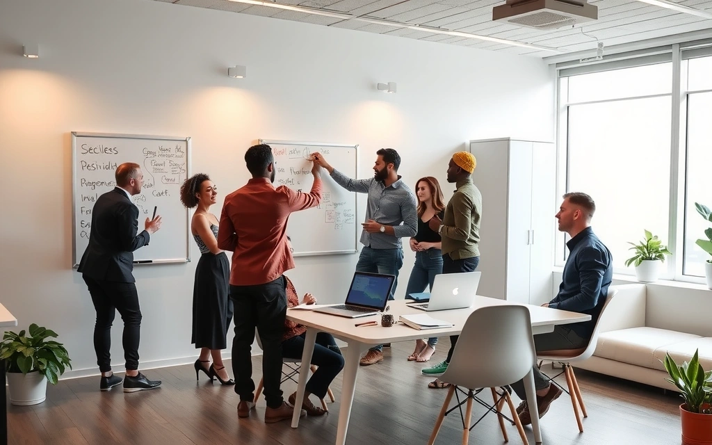 Team collaborating on a marketing project in a modern office