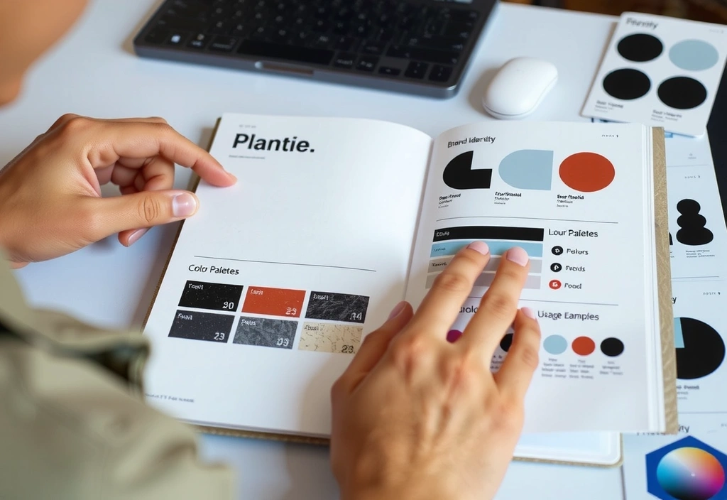 A designer working on a brand identity guide, showcasing various elements like logo, colors, and typography.