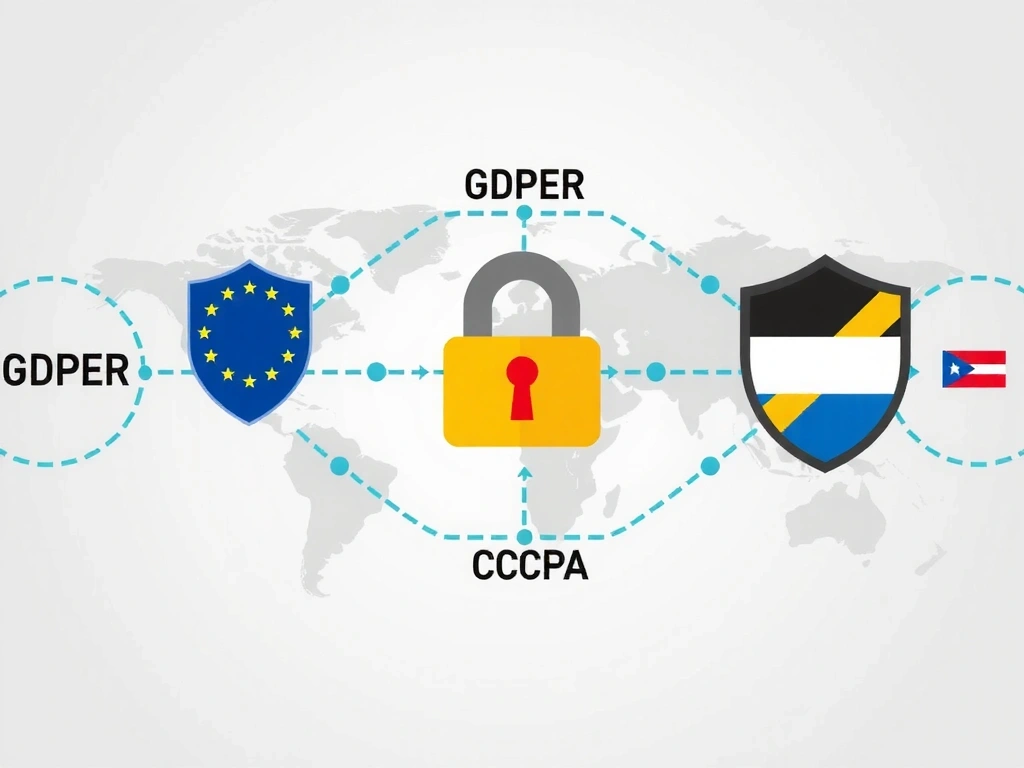 Digital representation of global data protection laws, with various country flags and legal symbols interconnected by secure data flows.