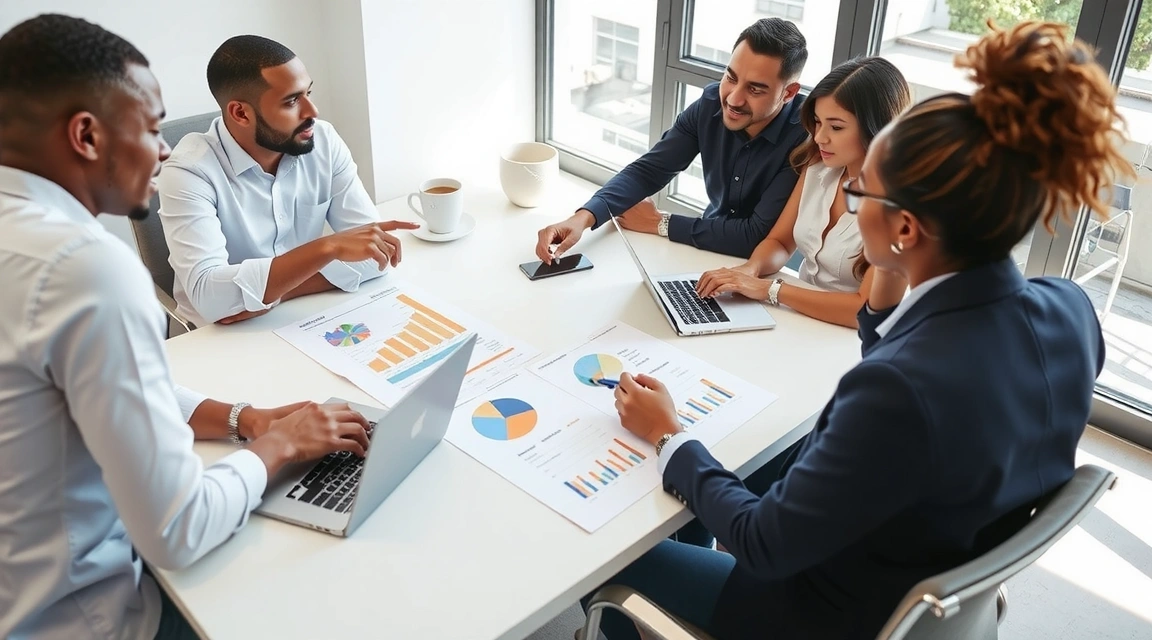 MarketDash team collaborating on a digital marketing strategy, showing a diverse group around a table with laptops and charts.