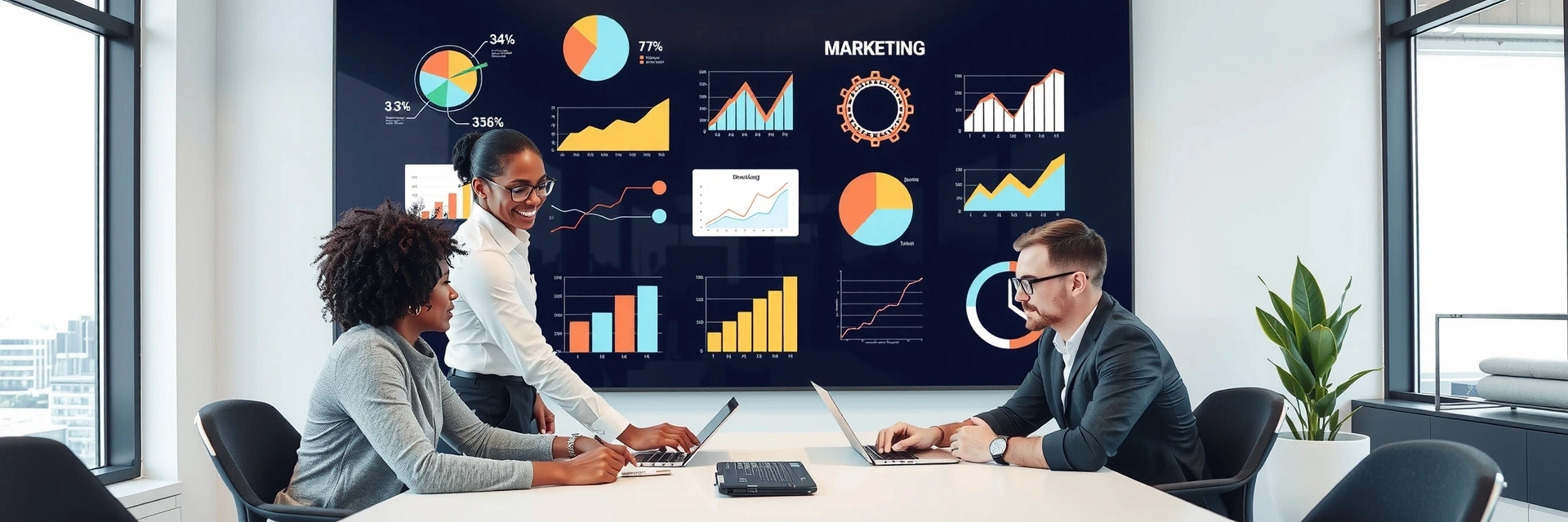 MarketDash team collaborating on a comprehensive marketing strategy, illustrating various services like digital marketing, branding, and analytics.