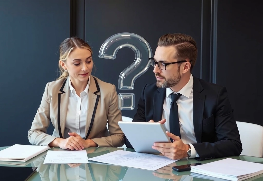 Two business people discussing legal documents with a question mark icon